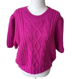 Ces Femme Women Large Puff Sleeve Chunky Knit Crop Sweater Hot Pink Short Sleeve